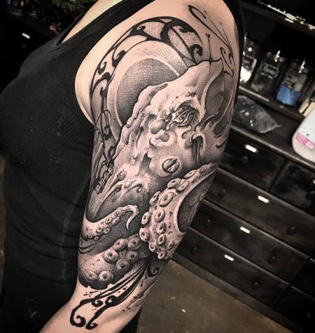 Tattoos - Art Nouveau, Biomech Octopus sleeve, black and grey, sketchy tattoo - 130491
